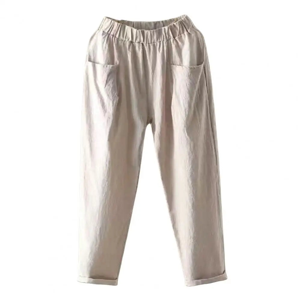 Cotton Linen Women Harem Pants Women Summer Casual Loose Harem Elastic Waist Cotton Linen Pants Ninth Trousers Wide-leg pants
