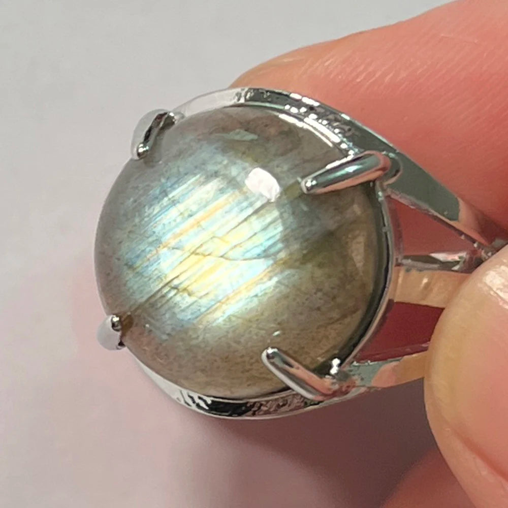 Ring Natural Stone Round Bead Blue Labradorite Adjustable Finger