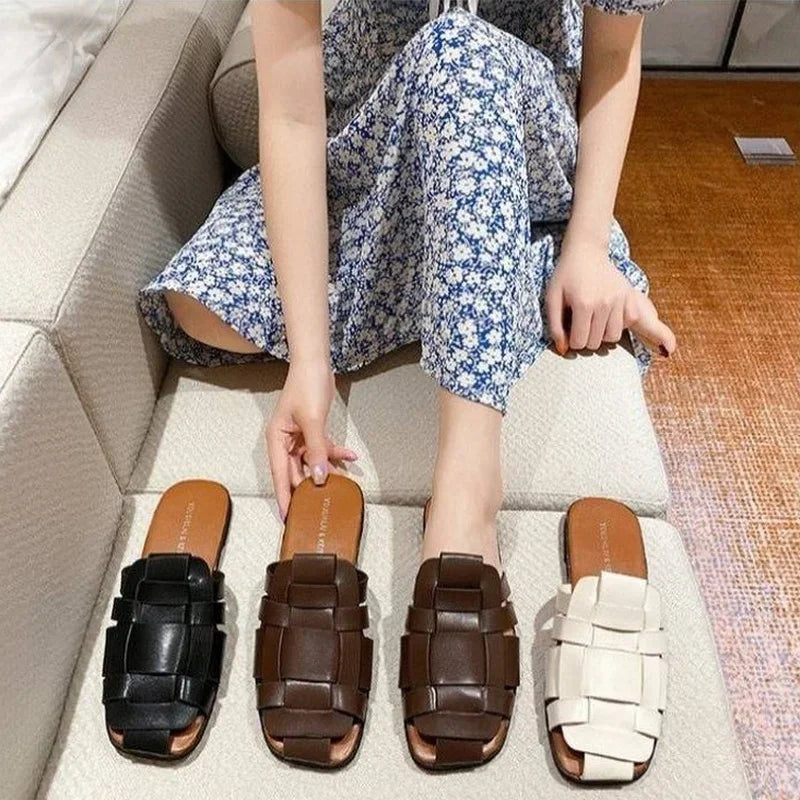 Leather Shoes for Women Low Heel Sandals Mules Slides Outside Woman Slippers Round Toe Flat Designer Natural Skin B Trend Eva F