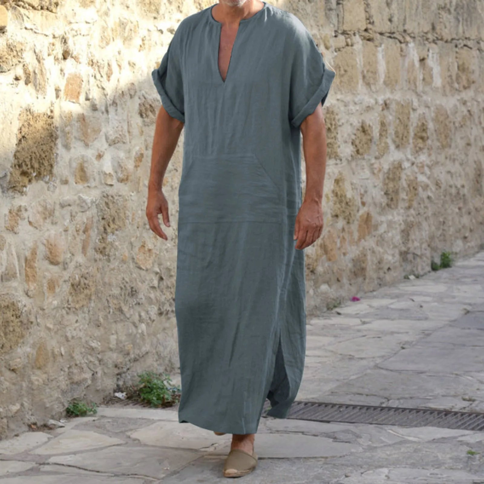 Men's Cotton Linen Long Robe Short Sleeve V Neck Jubba Thobe Arabia Muslim Costume Kaftan Arab Islamic Loose Casual Clothes 2024
