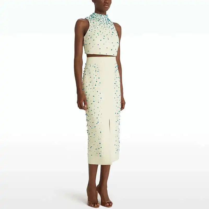 Luxury Crystal Midi Dresses 2 Piece Skirt Set Women Summer Beaded Crop Tops Single Breasted + Pencil Long Skirt Suit Work Outfit