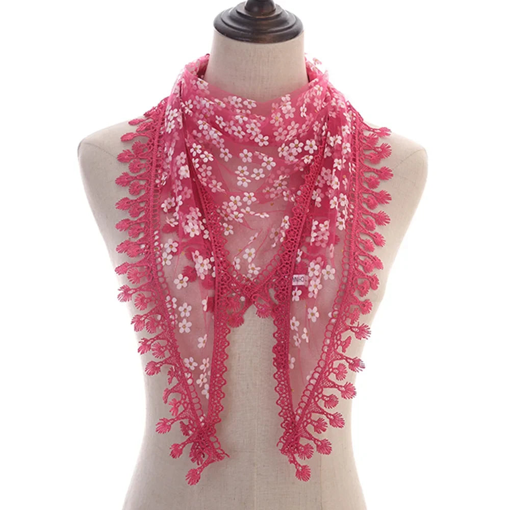 Fashion Women Triangle Wrap Fringed Shawls Head Scarf Tassel Embroidery Lace Scarves Flower Hijab Bandana Prayer Kerchief Church