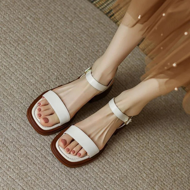 2025 Summer Women Sandals Low Heels Basic Genuine Leather Concise Office Plus Size 35-42 Ladies Casual Outdoor Shoes