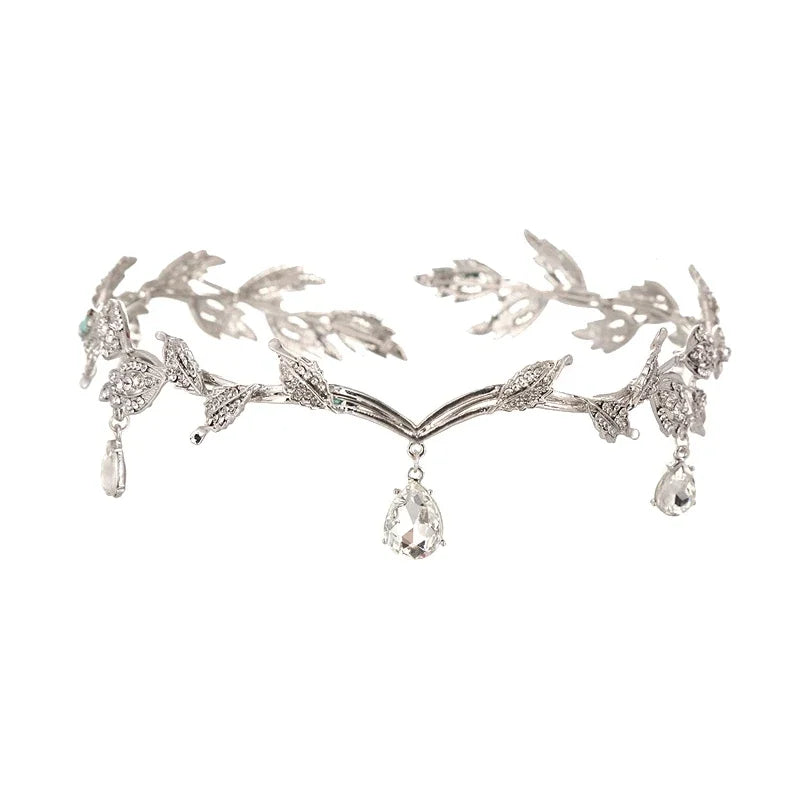 Wedding Bridal Headband for Brides Crystal Teardrop Rhinestone Leaf Hair Accessory Elf Crown Tiara for Elf Cosplay Party
