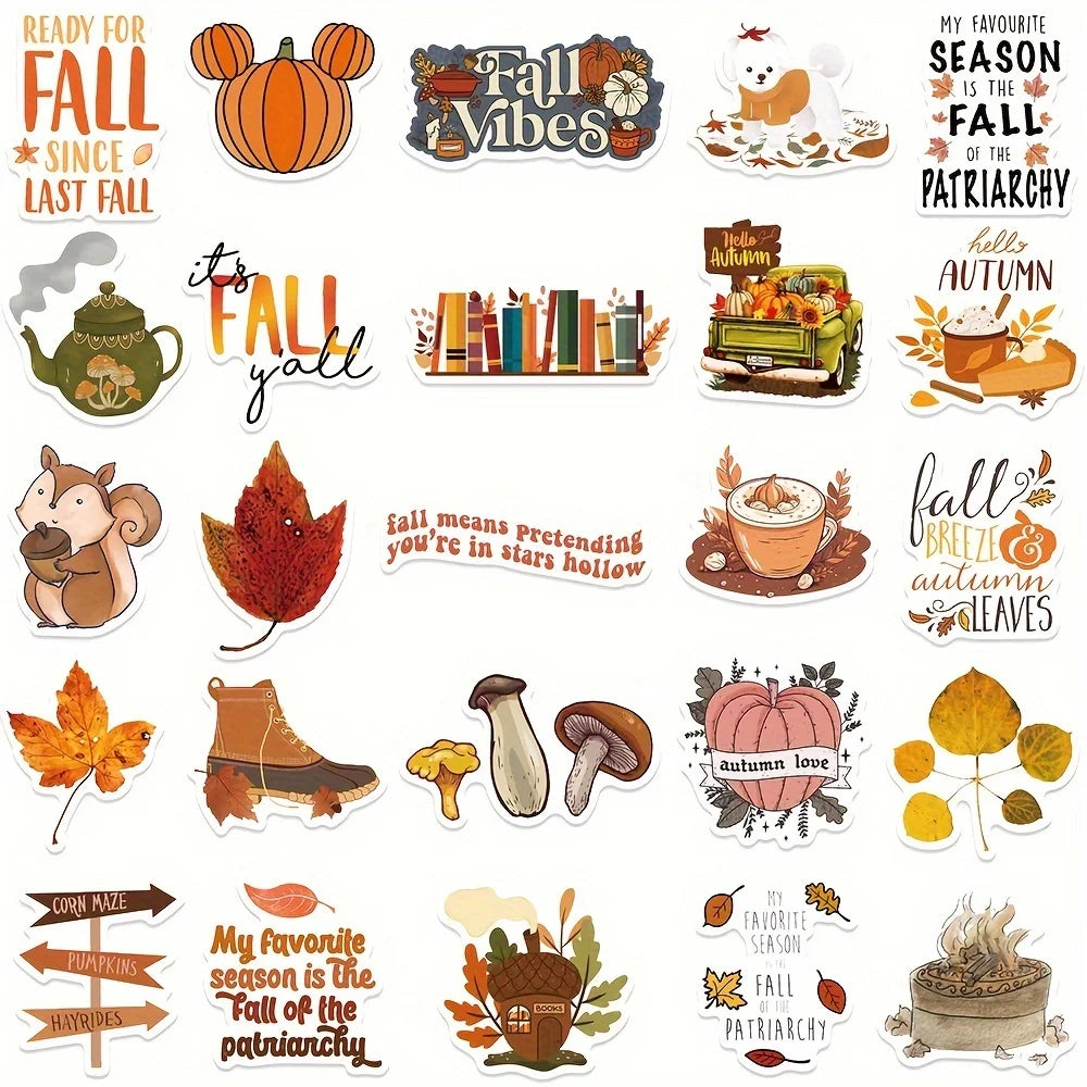 50PC Fall Series Stickers Thanksgiving Decor Maple Leaf Harvest Stickers Phone Case Laptop Bag Waterproof StickersCelebrate Gift