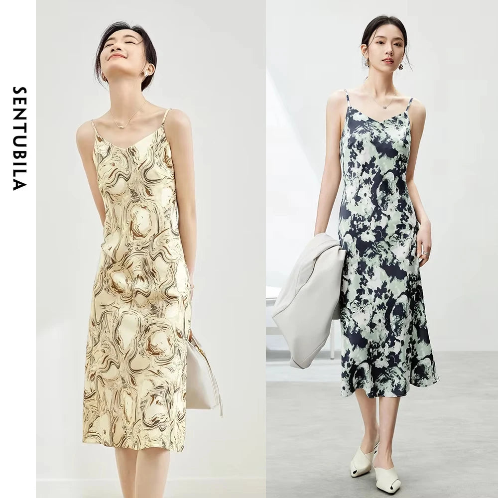SENTUBILA Midi Print Slip Dresses Women 2025 Spring Summer Korean Fashion Sundress Elegant Lady Slim Camisole Dress 121L40493