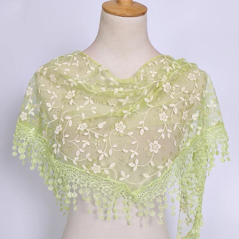 Fashion Women Triangle Wrap Fringed Shawls Head Scarf Tassel Embroidery Lace Scarves Flower Hijab Bandana Prayer Kerchief Church