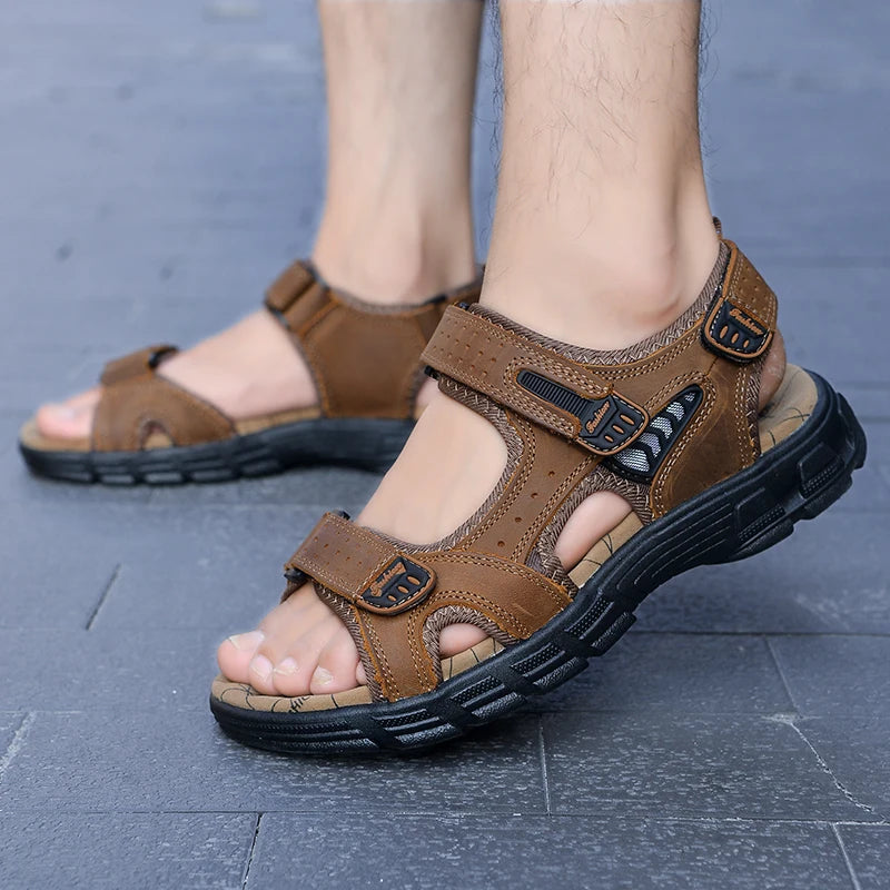 Classics Men's Sandals Summer Genuine Leather Sandals Handmade Outdoor Mesh Men Footwear Soft Breathable Metal Leather Slippers