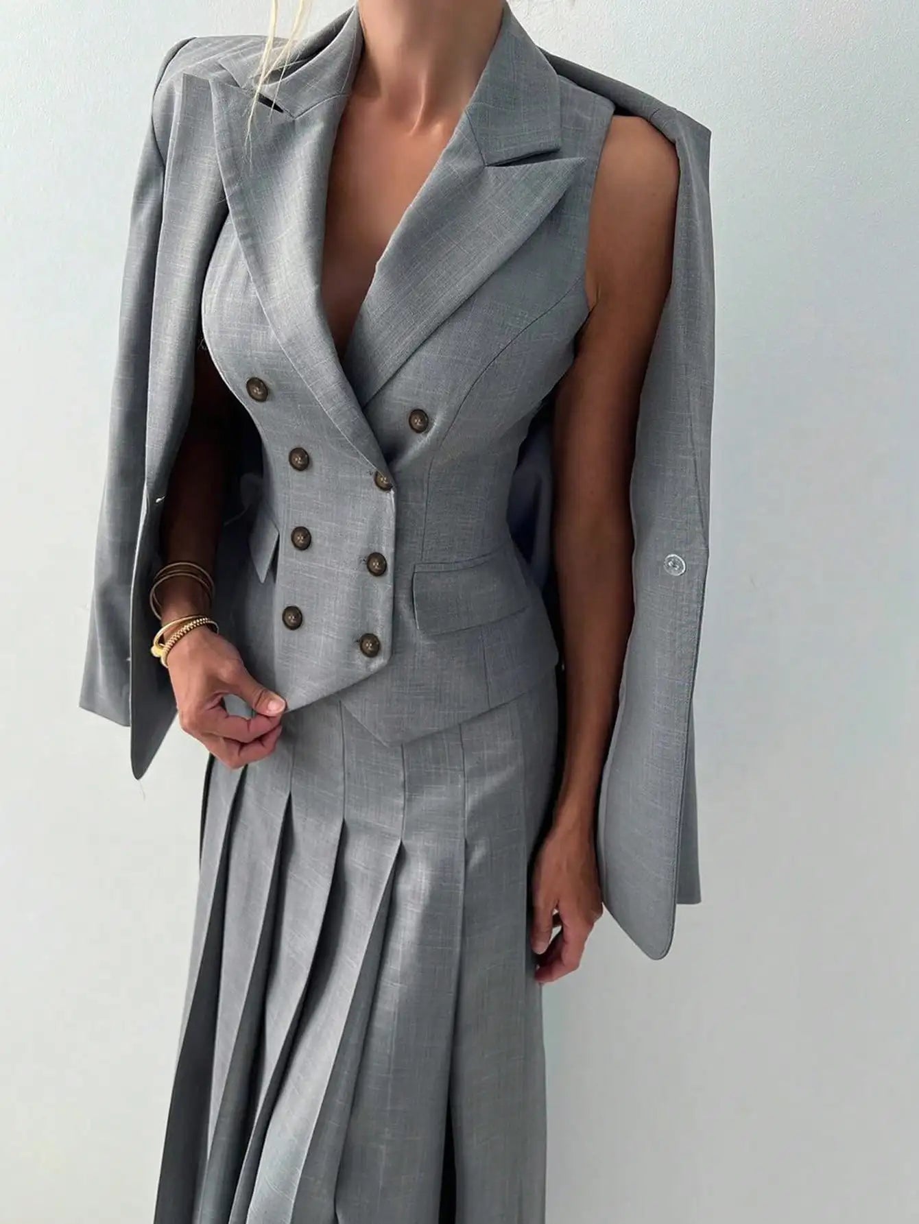 3pcs Women Elegant Work Casual Business Suit Set: Fitted Vest for Spring/Summer, Pleated Midi Skirt, Suitable for Office Lady