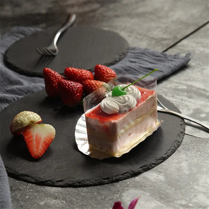 Round Natural Black Stone Slate Plate Serving Plate Cheese Pizza Dessert Cake Plate Western Steak Plates Cup Mug Rock Coaster