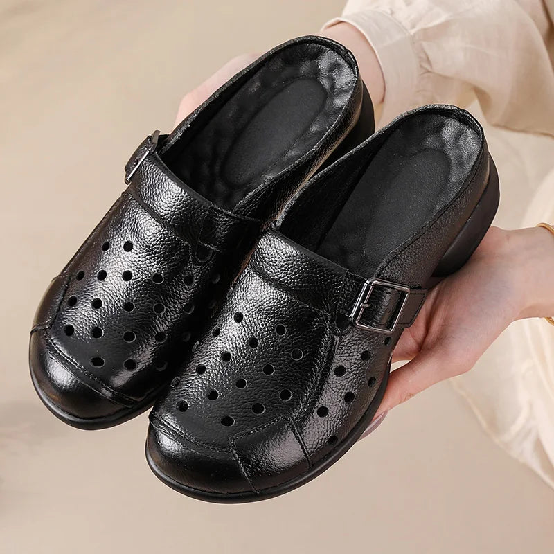 2025 Cow leather low heel sandals women's hollow out mules shoes woman buckle strap slipper sandals ladies elegant slip on shoes
