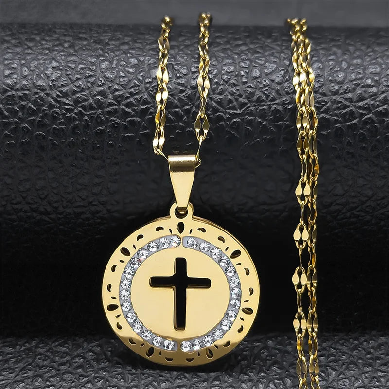 Simple Cross Pendant Necklace Stainless Steel Crystal Jesus Christ Necklaces Religious Jewelry corrente feminina N8249S02