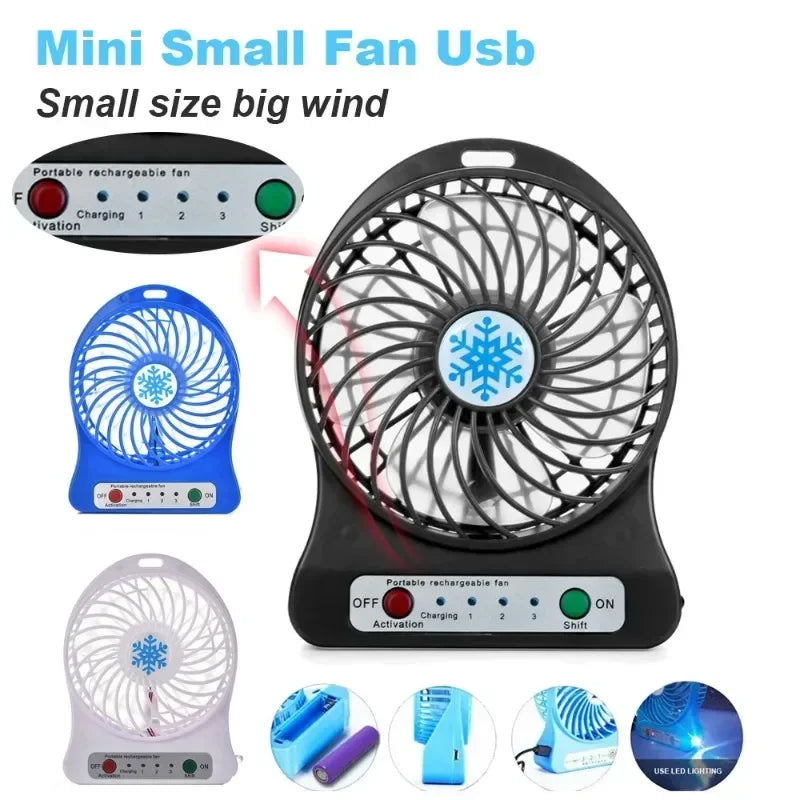 Mini Fan USB Rechargeable 3 Speed Portable Handheld Desktop Quiet Cooling for Office Dorm Camping Outdoor Black Blue White Snowf