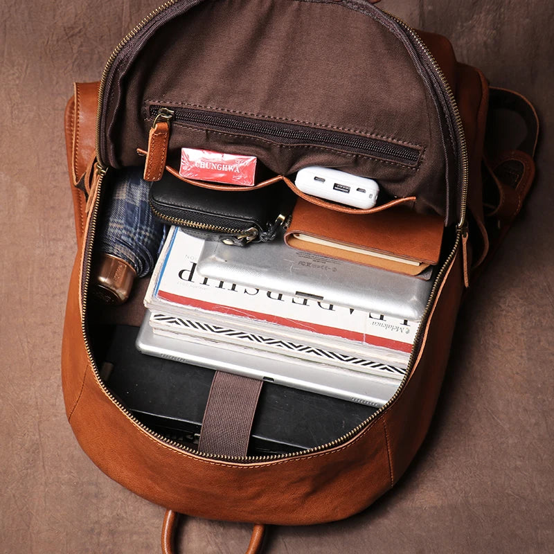 LUOKIR Men's Vintage Genuine Leather Travel Backpack Women's Cowhide College Style School Bag Computer Bags For 15 Inch Laptop