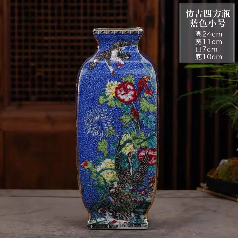 Chinese Ancient Enamel Color Flower Bird Ceramic Vase Collection Decoration Art Home Desk Retro Ornament Antique Porcelain Items