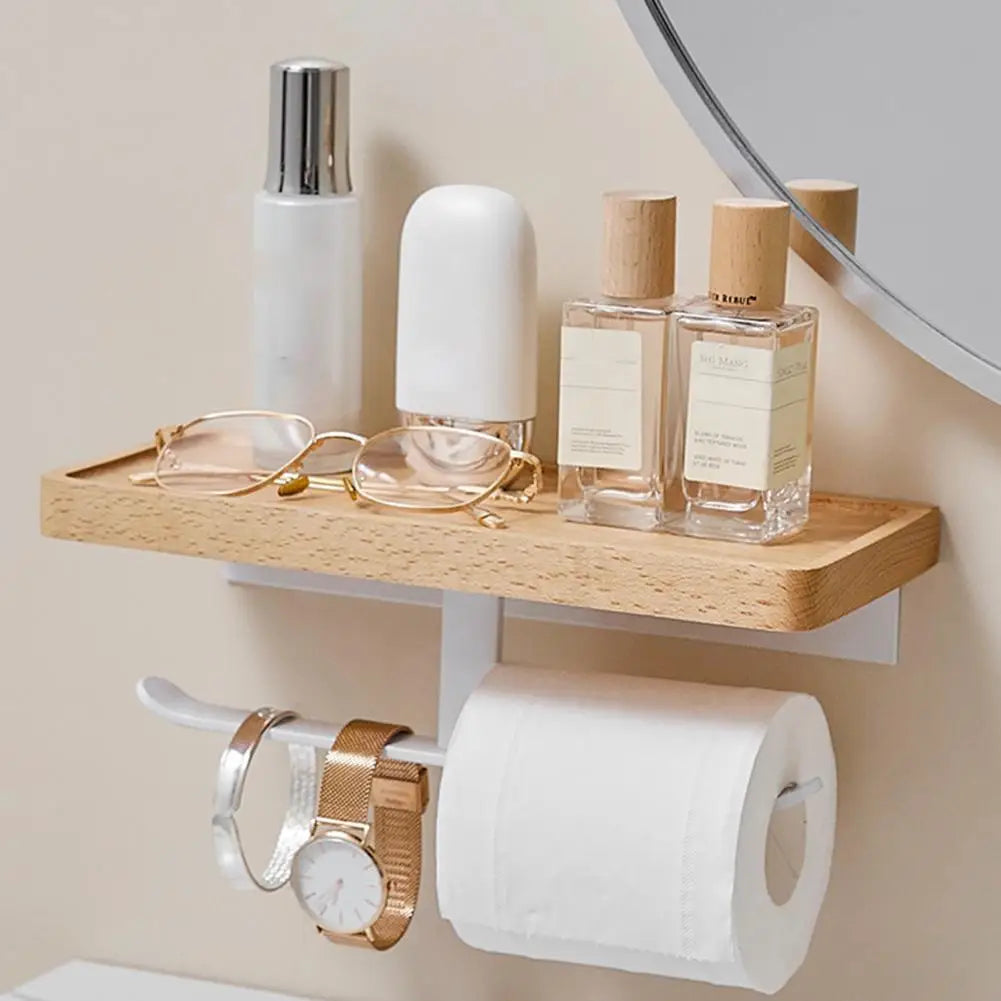 Tissue Rack Space-saving Wall Mounted Punch Free Wooden Bathroom Tissue Stand Easy To Install Toilet Storage Shelf For Dorm