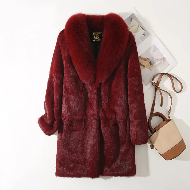 New 100% Real Natural  Whole Rabbit Fur Coat With Luxury Natural Fox Fur Collar Jacket Full Pelt Rabbit Fur Overcoat
