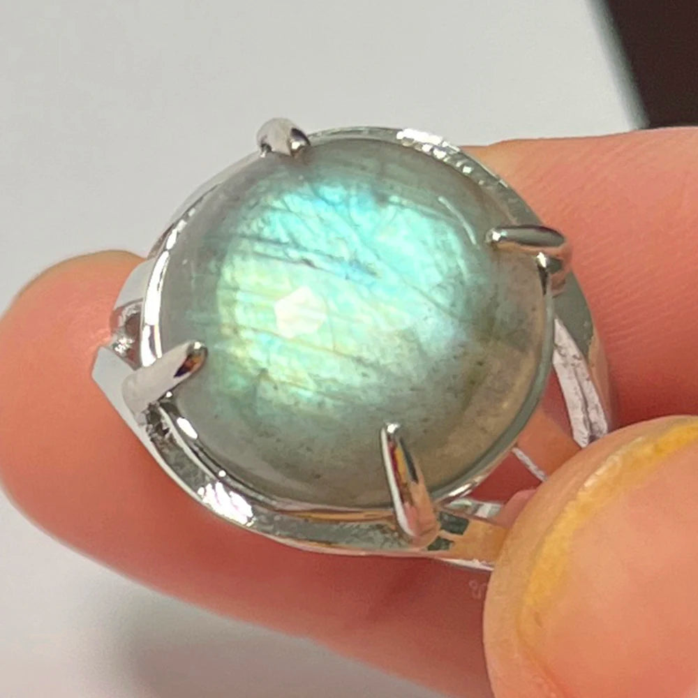 Ring Natural Stone Round Bead Blue Labradorite Adjustable Finger