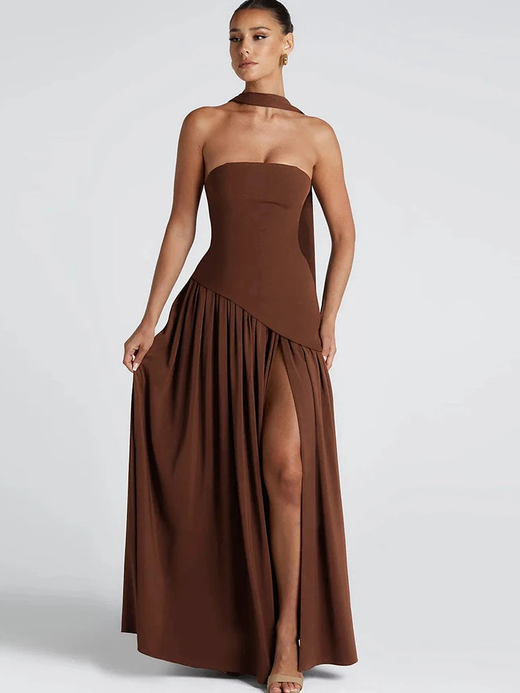 kliou Patchwork Draped Women Dress Classic Solid Wrapped Chest Draped Flare Long Robe Mujer Concise High Street Elegant Frock