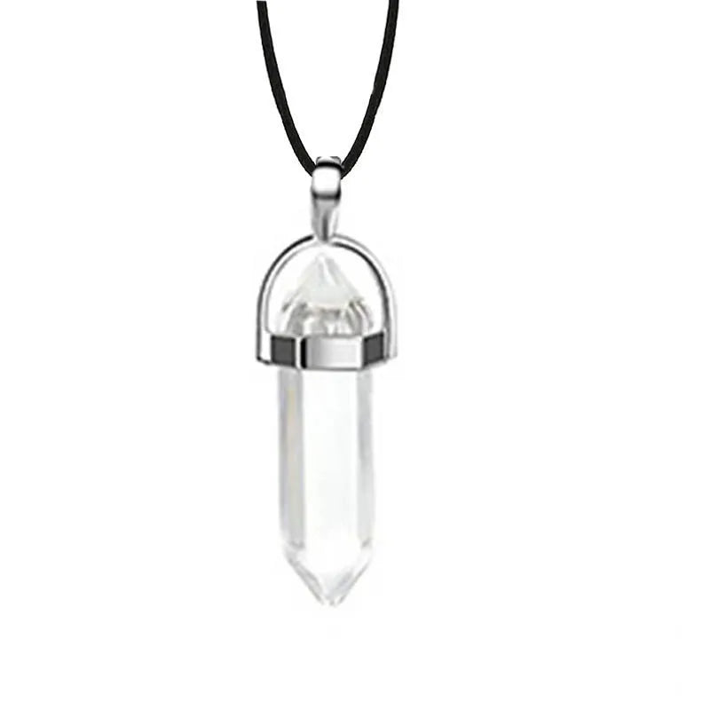 New Hexagonal Column Natural Stone Choker Necklaces Vintage Pink Purple Crystal Pendent Necklace for Women Leather Chain Jewelry