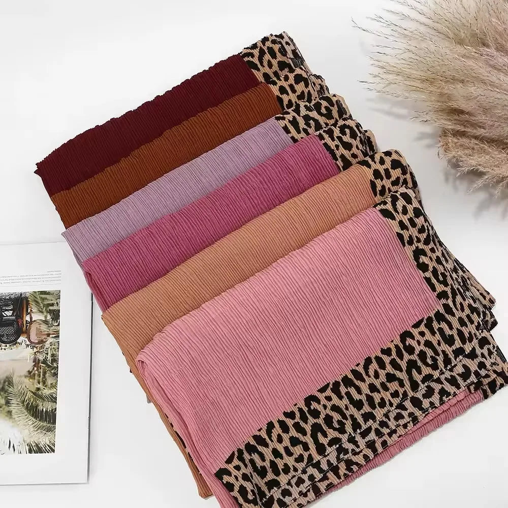 Hot Leopard Print Wrinkles Hijab Scarf Polyester Muslim Woman Hijab Shawls Lady Soft Long Wraps Femme Elegant Bandana Turban