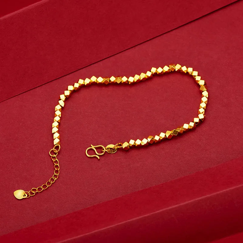 Real 18K Gold Chain Bracelet for Women Pure Adjustable Trendy Laser Beads Chain for Women Fine Jewelry Gift