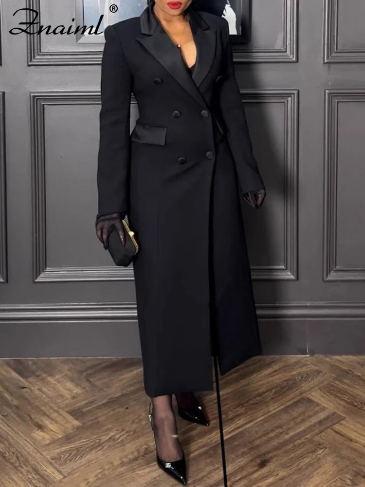 Znaiml Office Lady Lapel Pocket Slim Black Long Suit Jacket Women Blazer Dress Fashion Work Business African Birthday Robe Coats