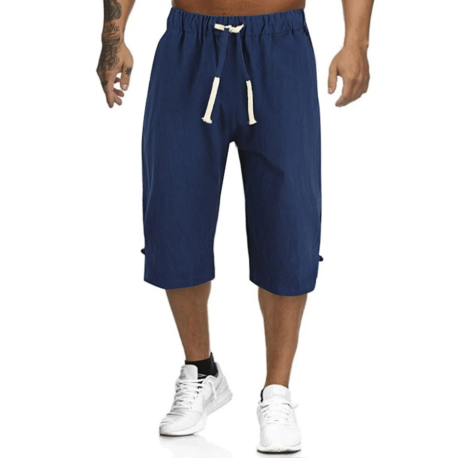 Cotton Linen Men'S Loose Tie Casual Pants Elastic Waist Beach Pants Linen Cropped Pants