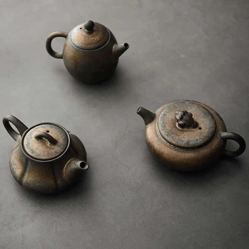 Japanese Style Coarse Pottery Teapot Single Pot Kiln Gilded Rust Glazed Ceramic Drinkware