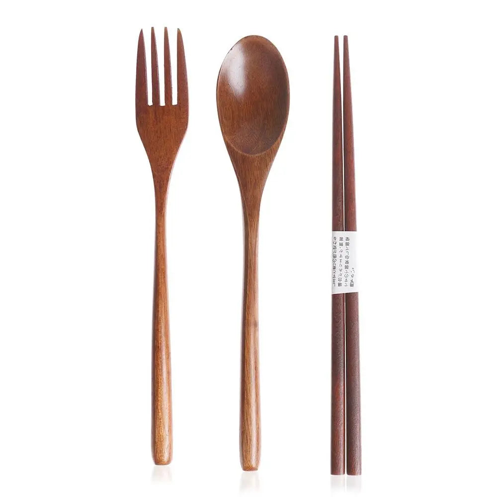 Kitchen Cutlery Set Japanese Style Portable Spoon Fork Chopsticks  Cloth Bag Wooden Natural