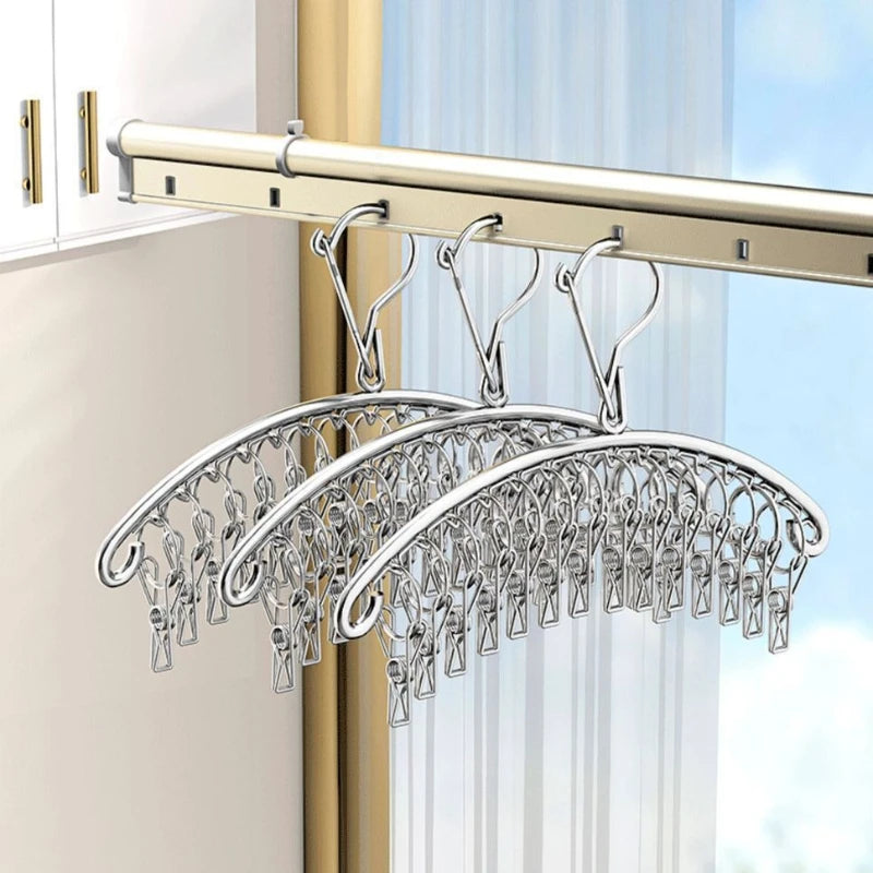 Heavy Duty Stainless Steel Laundry Hanger 20 Clip Windproof Sock Dryer Rack Curved Garment Organizer for Home Dorm Clothes Airer