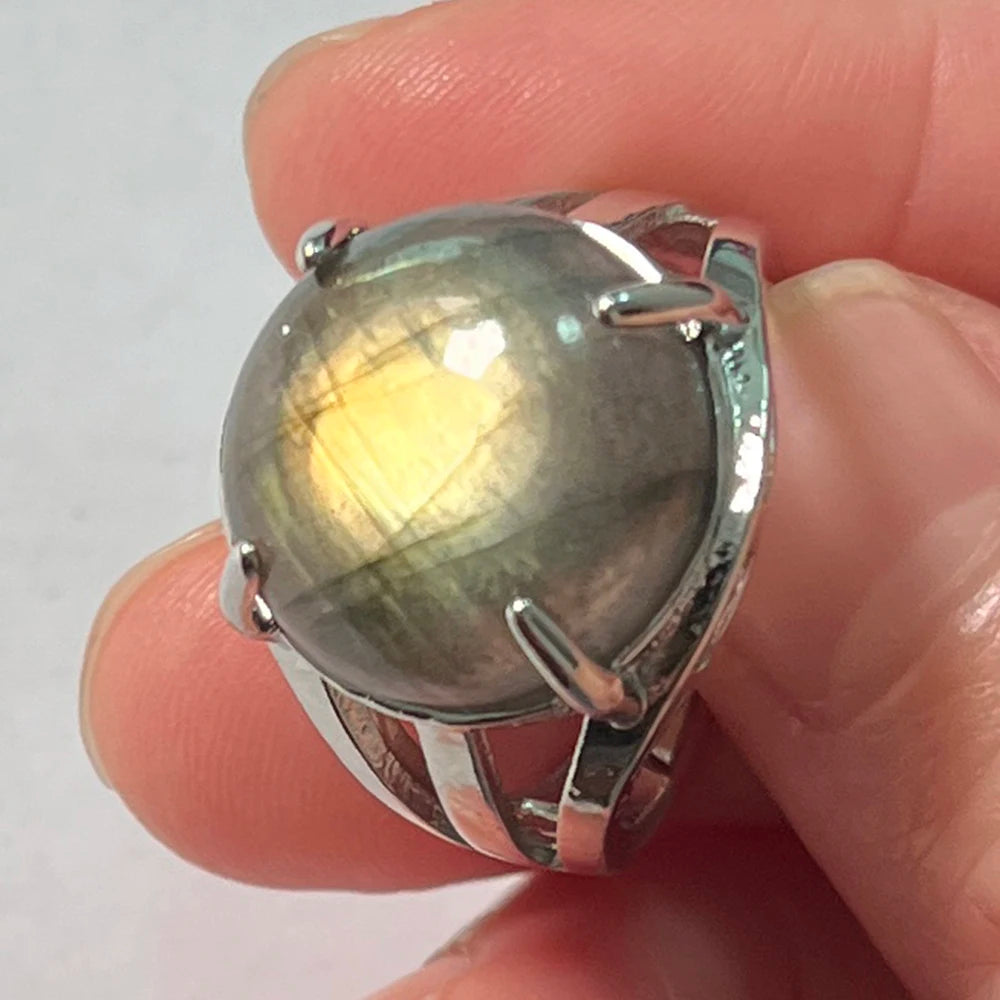 Ring Natural Stone Round Bead Blue Labradorite Adjustable Finger