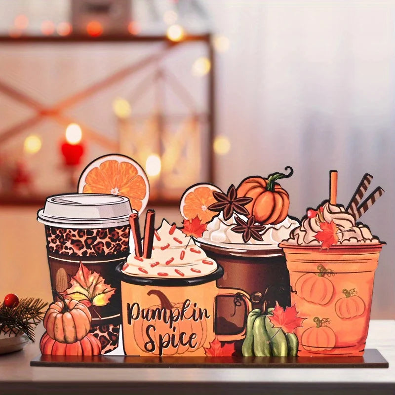 1pc, Thanksgiving Day Fall Autumn Drink Coffee Ice Cream Lemon Pumpkin Wooden Splicing Desktop Ornament, Home Holiday Decor