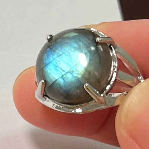 Ring Natural Stone Round Bead Blue Labradorite Adjustable Finger