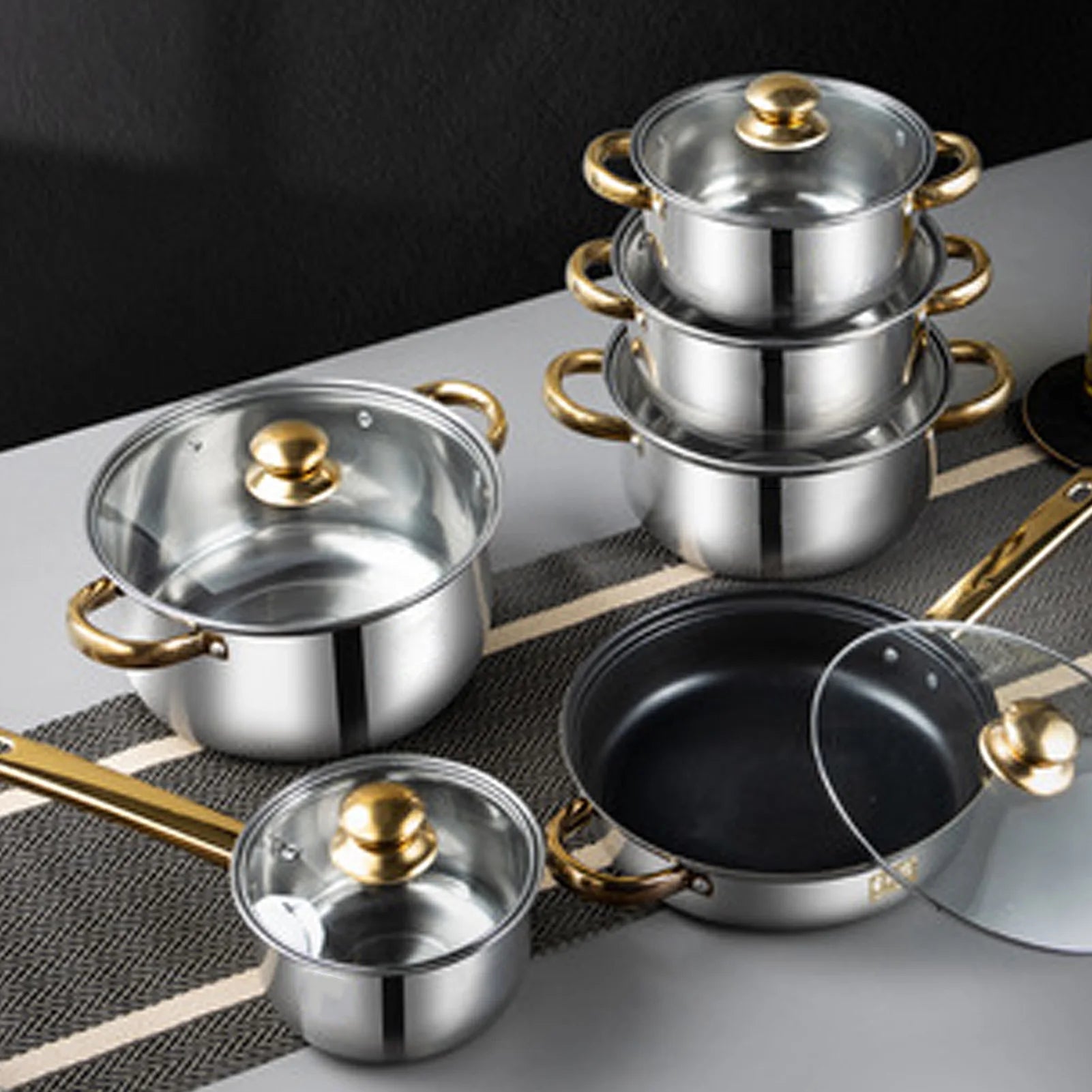 12Pcs Kitchen Pots Stainless Steel Golden Handle Smoothing Sturdy Pot Durable Easy to Clean Cookware Set for Home Cooking