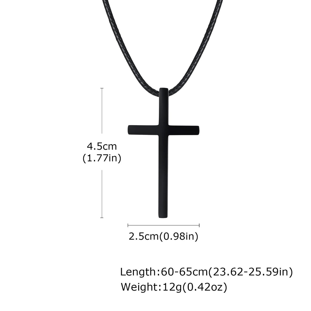 Simple Cross Pendant Necklaces for Men Boys,Stainless Steel Jesus Pendant with Black Wax Rope, Religious Prayer Blessing Gift