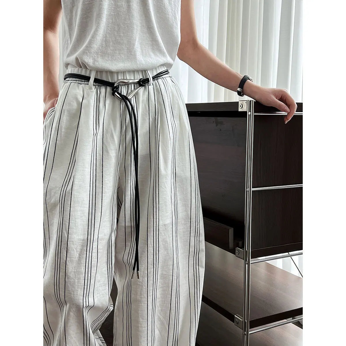 Cotton Linen Bohemian  Long Pant Old Money Style Striped Elastic Casual Pants Women Summer Waist Belt Lazy Wide Legs Pants