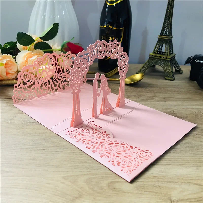 3D Bride And Groom Rose Gold Pop up Wedding invitations laser cut Greeting cards envelope Rsvp Navy blue White Pink