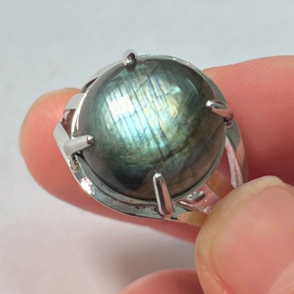 Ring Natural Stone Round Bead Blue Labradorite Adjustable Finger