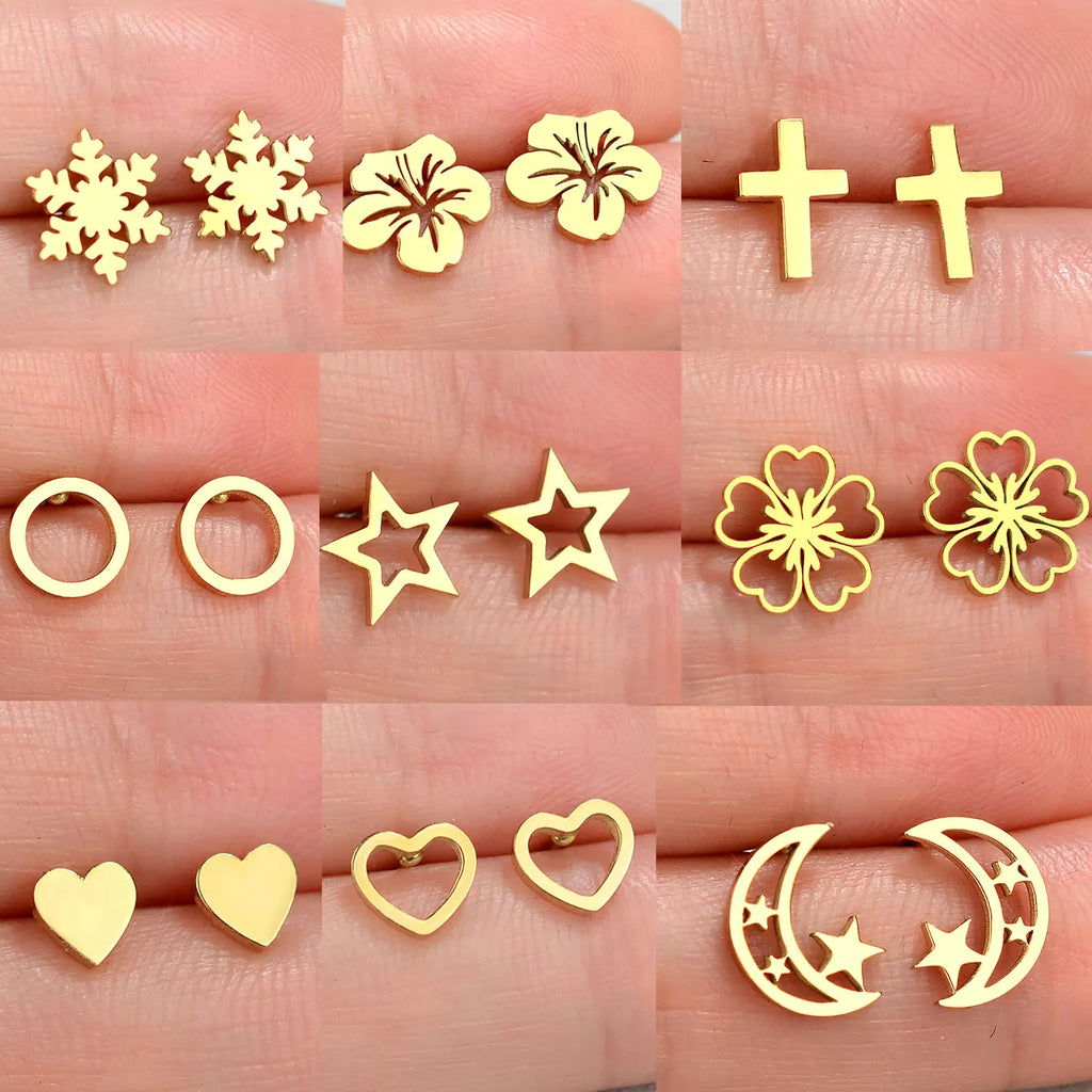 Minimalist Stainless Steel Earings Mini Heart Star Geometric Stud Earrings For Women Cute Cat Dog Flower Leaf Earrings Jewelry