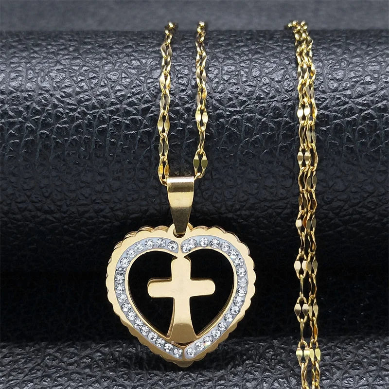 Simple Cross Pendant Necklace Stainless Steel Crystal Jesus Christ Necklaces Religious Jewelry corrente feminina N8249S02