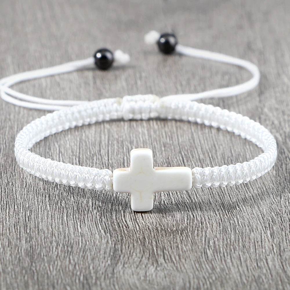 Simple Cross Prayer Bracelets Handmade Black White Braided Rope Couple Bracelets Men Women Fitness Wrap Wristbands Jewelry Gifts