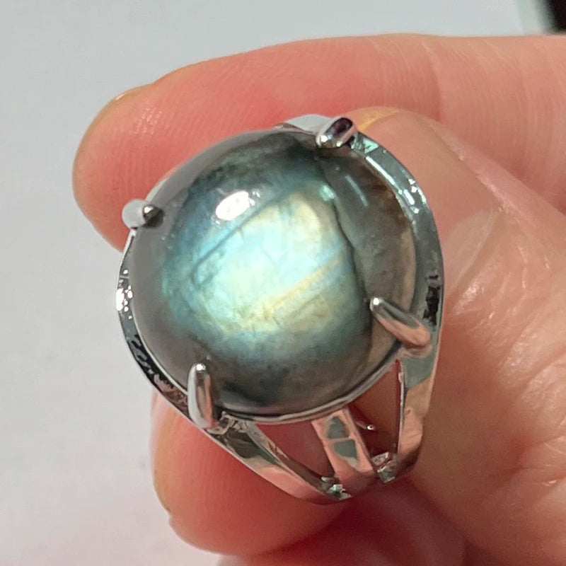 Ring Natural Stone Round Bead Blue Labradorite Adjustable Finger