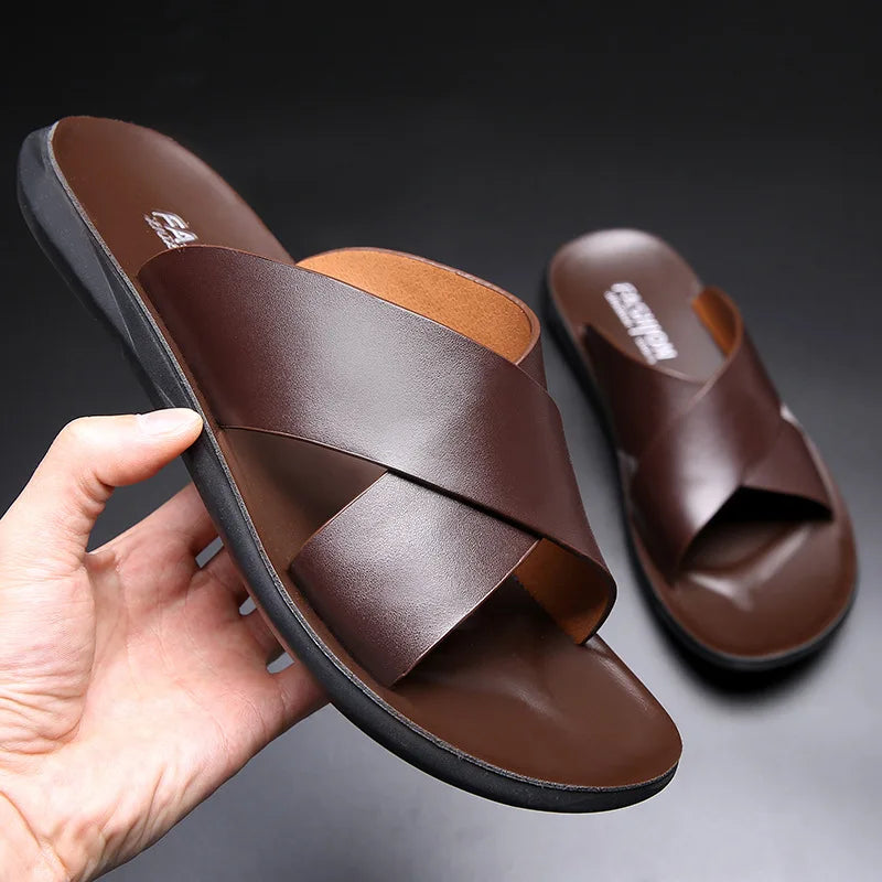 Sandals for Men Slippers Genuine Leather Luxury Brand Fashion New Men Flats Casual Non-slip Beach Sandalia Zapatos Hombre