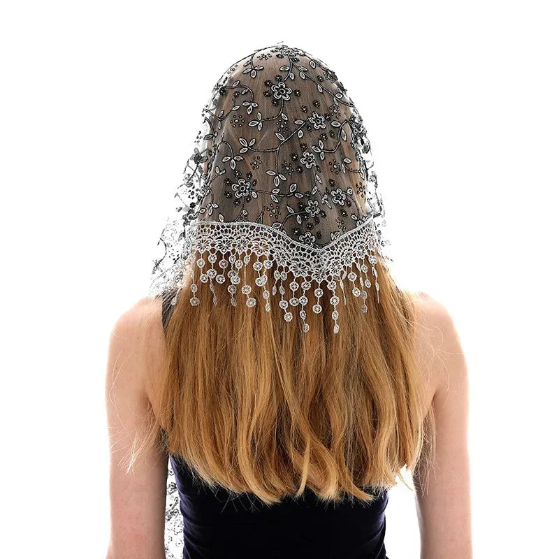 Women Triangle Scarf for Church Prayer Shawl Embroidered Lace Veil Floral Tassel Veils Mantillas for The Church's Pendant Scarve