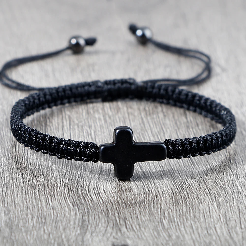 Simple Cross Prayer Bracelets Handmade Black White Braided Rope Couple Bracelets Men Women Fitness Wrap Wristbands Jewelry Gifts