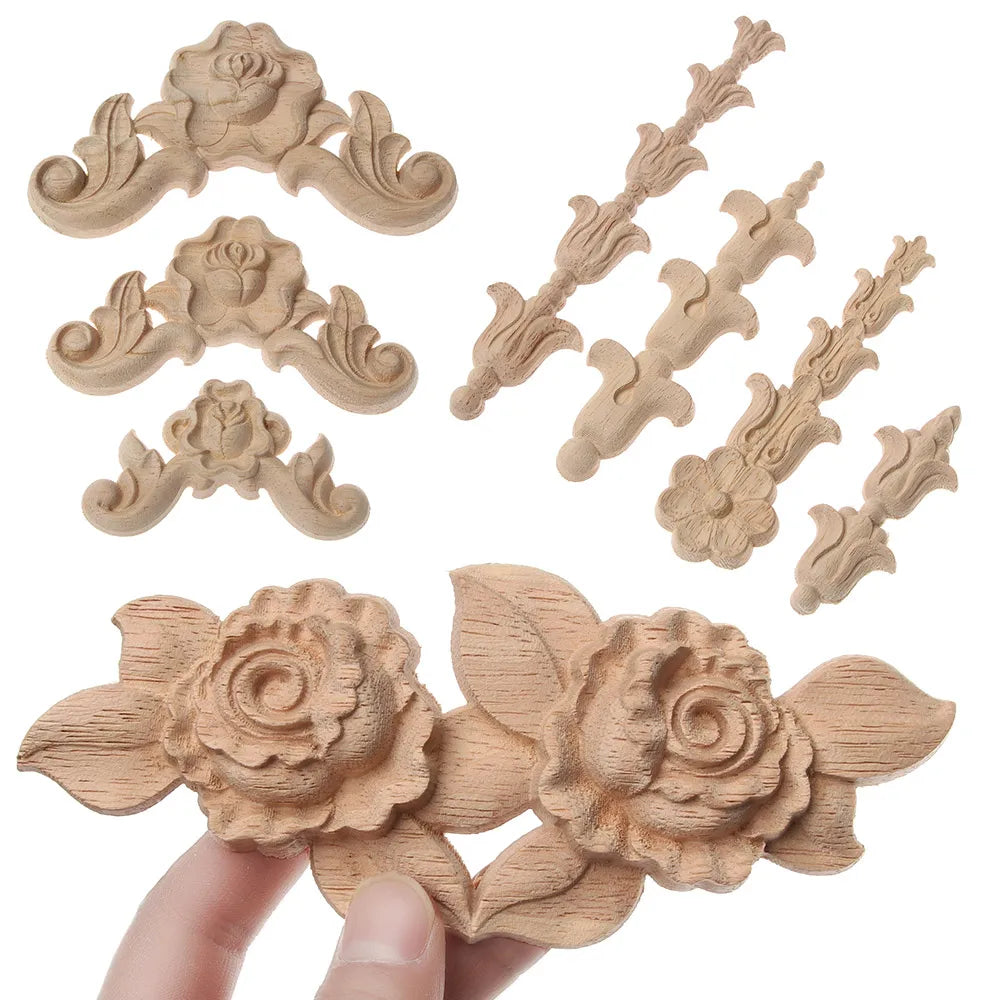 Floral Carved Corner Appliques Woodcarving Rose Natural Wooden Crafts Unpainted Door Adornment Furniture Ornament Home Decor