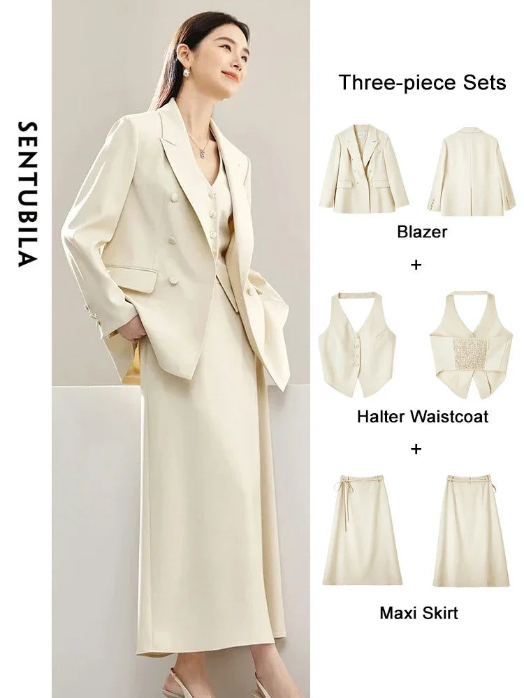SENTUBILA 3 Piece Waistcoat Blazer Skirt Suit Women Work Office Outfits 2025 Spring Elegant Maxi Skirt Matching Set 141Z52979