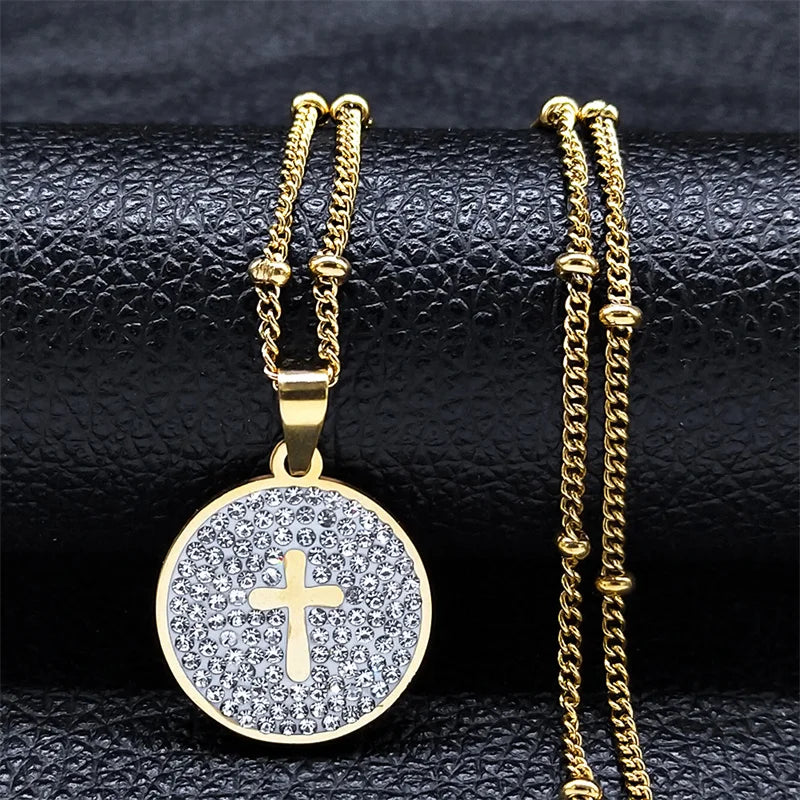 Simple Cross Pendant Necklace Stainless Steel Crystal Jesus Christ Necklaces Religious Jewelry corrente feminina N8249S02