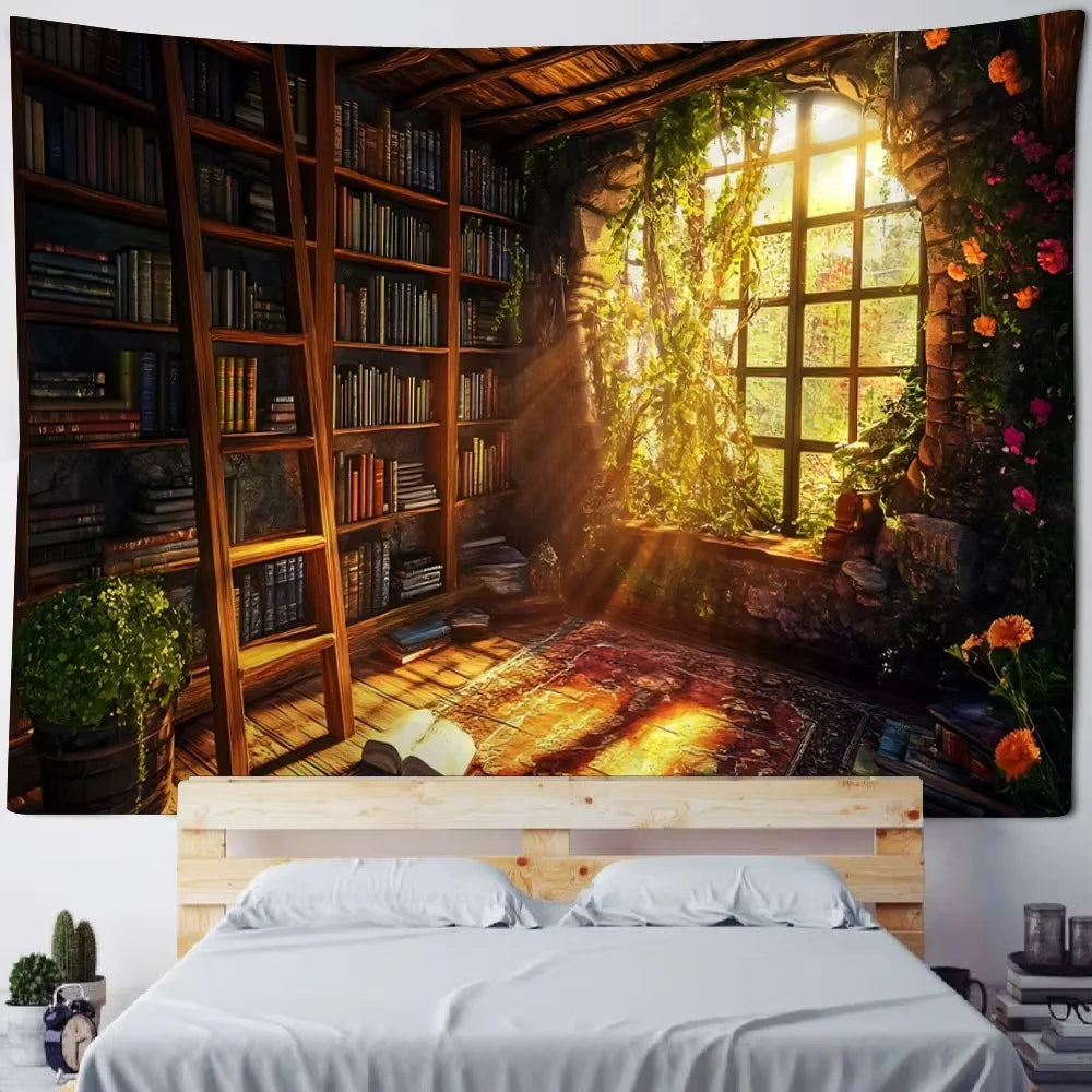Magic Bookshelf Tapestry Library Living Room Wall Hanging Decoration Items Aesthetic Dorm Home Decor Wall Art Background Cloth